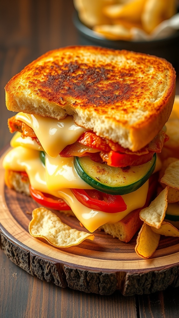 Melted Cheese and Grilled Vegetable Hot Sandwich A grilled vegetable and cheese hot sandwich on a rustic plate with potato chips.